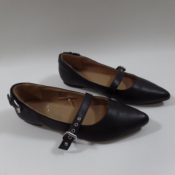 Report Womens Ballet Flats Size 7.5 Black Slip-on Pointed Toe w/2 Buckle Straps - Picture 2 of 4